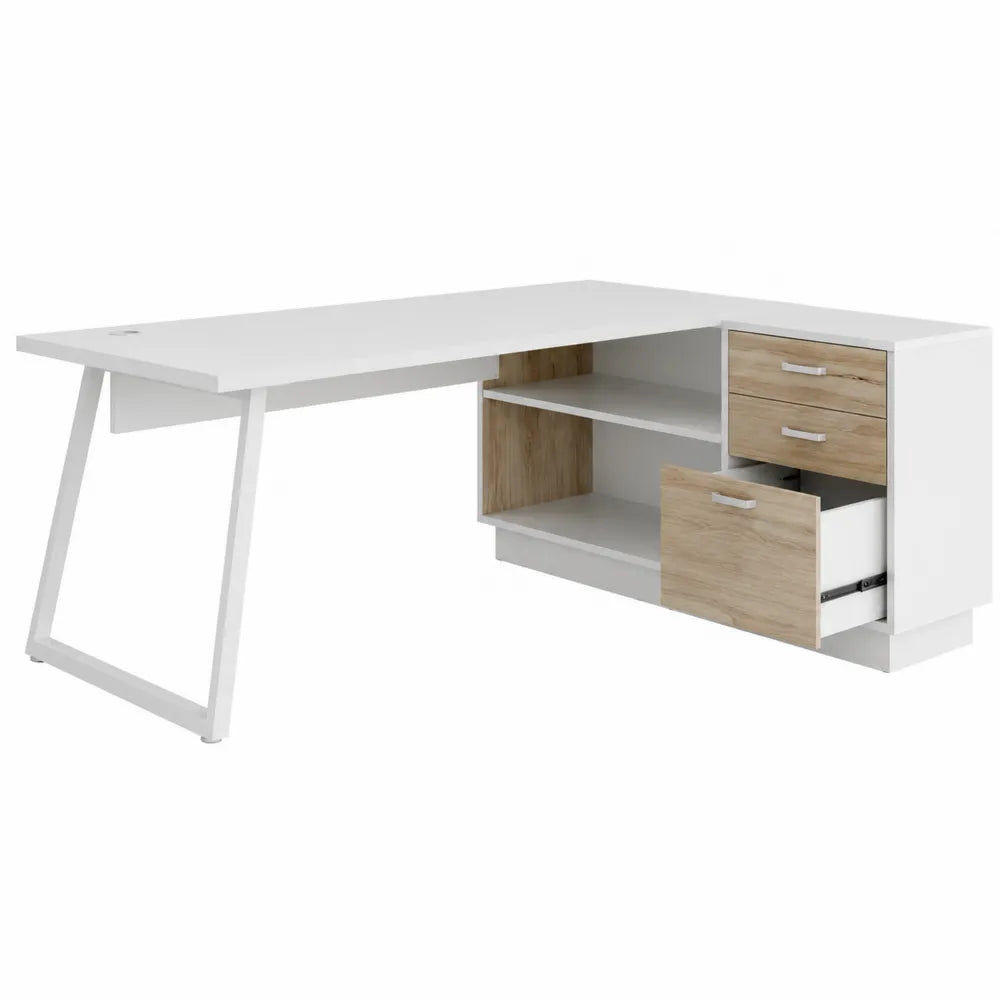 Escritorio en L de MDF Blanco y Madera con Cajones y Estantes