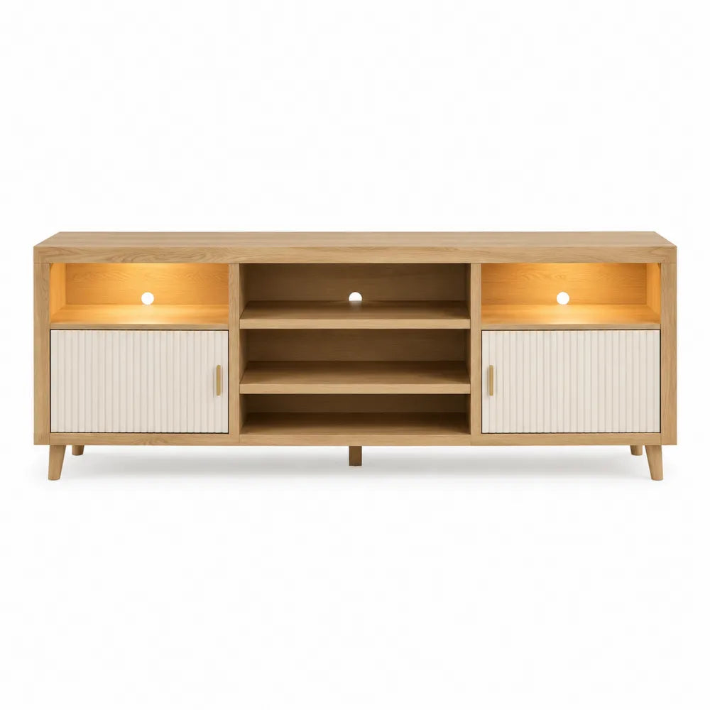Mueble de TV de roble y MDF con puertas blancas 180 cm