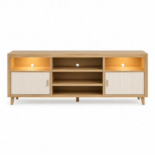 Mueble de TV de roble y MDF con puertas blancas 180 cm