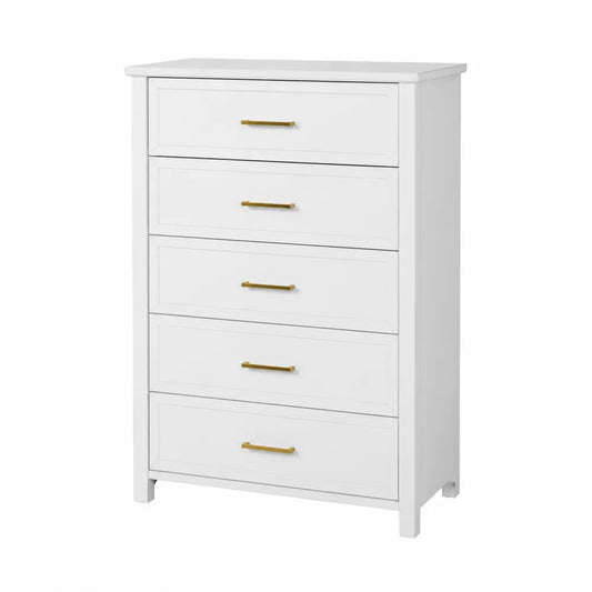 Cómoda de Madera Blanca con Tiradores Dorados 5 Cajones